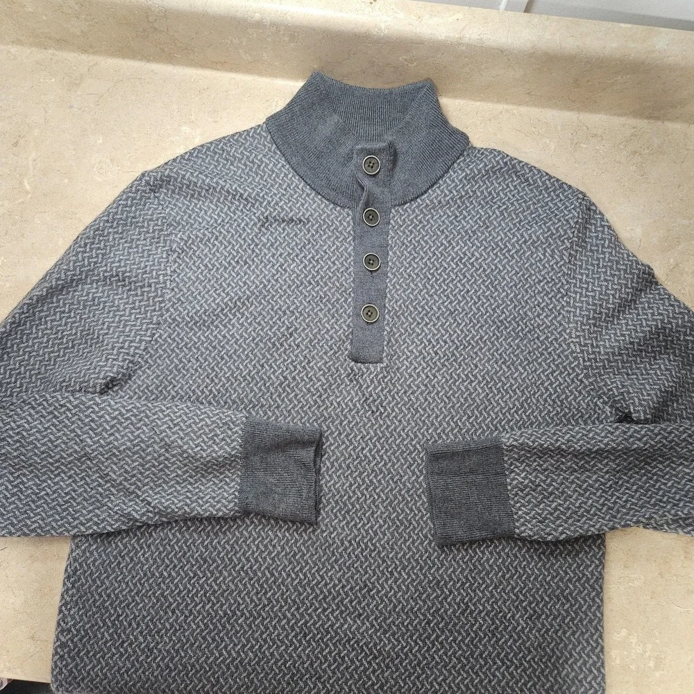 UNTUCKit Sweater Mens M Gray Merino Wool Henley Mock Neck‎ Grandpa Dad Cozycore